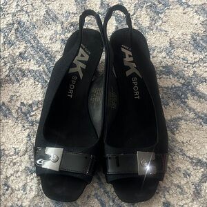 Anne Klein Black Slingback Peep-Toe Mules with Metallic Accent